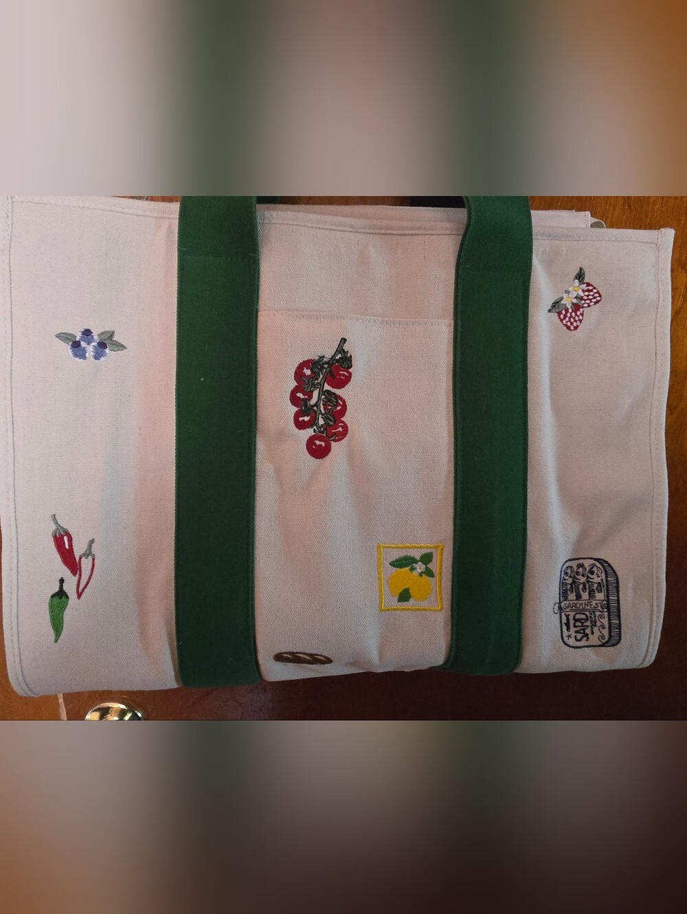 Madden Girl Canvas Tote with Green Straps and Fruit Embroidery